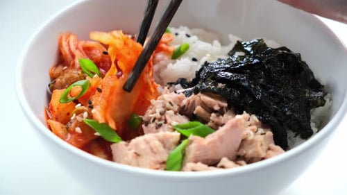 Close Up of Kimchi Tuna and Rice Bowl