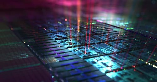 Silicon wafer, hardware data processing motion graphic.