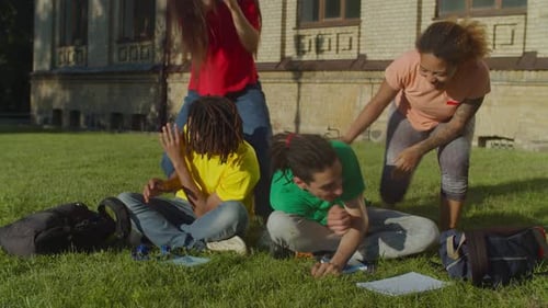 Encontro animado de estudantes universitários no gramado do campus