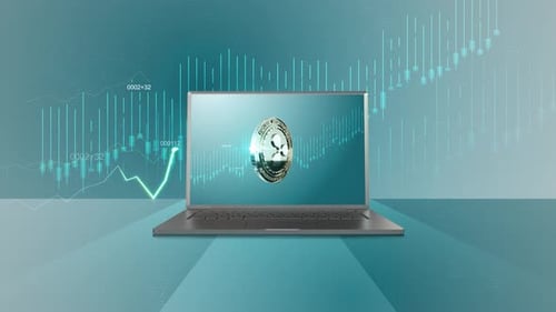 Animated Cryptocurrency Ripple Coin on Laptop with Financial Charts