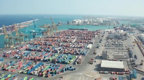 Aerial View of Industrial Port with Containers