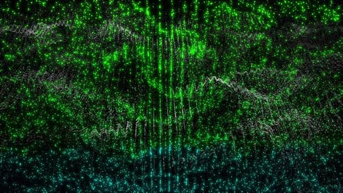 Abstract Glowing green particles dynamic flow wave motion background
