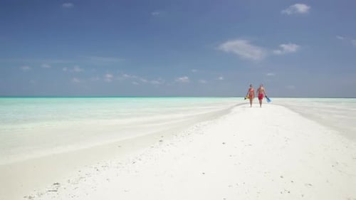 Couple Walking on Tropical Sandbar with Snorkel Gear