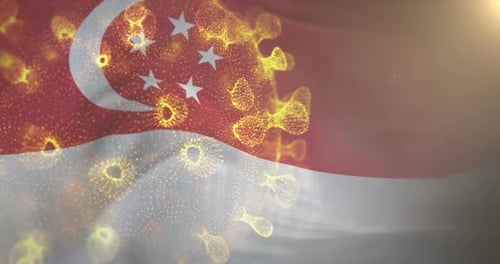Singapore Flag Waving with Glowing Virus Cells Overlay