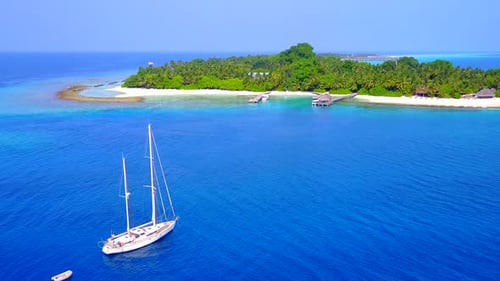 Aerial drone tourism of exotic lagoon beach trip by sea with sand background