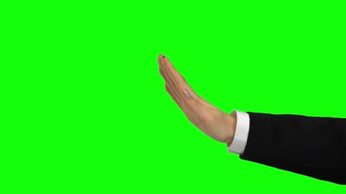 Hand in Black Jacket Gesturing Stop. Chroma Key. Close Up