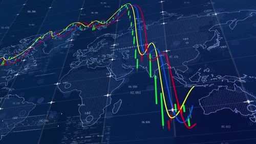 Animated Global World Map with Financial Data Graphs and Candlestick Chart