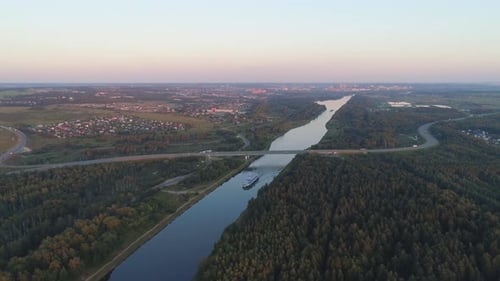 Cruise Ship on the River Aerial View