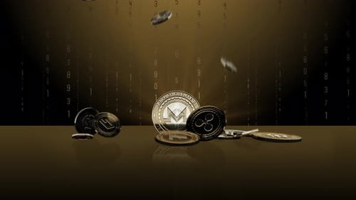 Falling Gold Cryptocurrency Coins with Digital Matrix Background