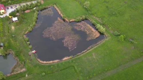 Mittlere Luftaufnahme eines Fischteichs, umgeben von grünen Wiesen und einem Haus mit rotem Dach, Transy