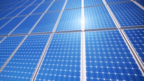 Loopable animation of endless solar energy panels arrangement at blue sky. HD