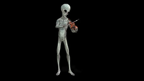 Animated Grey Alien Character Playing Violin