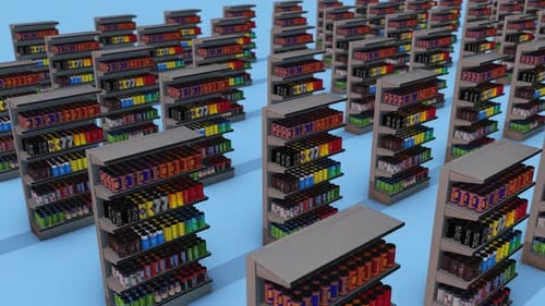 A Lot Of Market Shelf Canned Drinks In A Row 4k