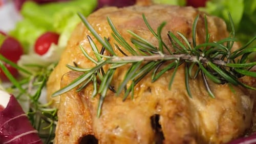 Baked chicken with salad and tomato rotating on dish. Grilled poultry meat and rosemary.