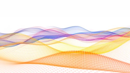 Digitale bunte Partikellinien-Wellenanimation auf weißem Hintergrund