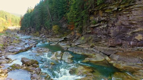 Mountain River Flowing Between Rocky Shores in Carpathians Mountains, Ukraine