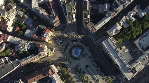 Birds Eye View of Maidan Nezalezhnosti Sqaure. Revolution Place Kyiv, Ukraine. Khreshchatyk Street