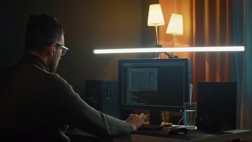 Shot of Hacker Writing Program Code Both on Laptop Computer Sitting at Desk at Home