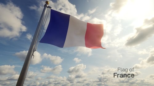 Realistic French Flag Waving on Pole Against Sunny Blue Sky