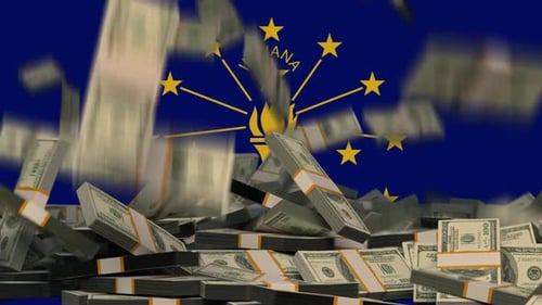 US Dollars Falling in front of Indiana State Flag
