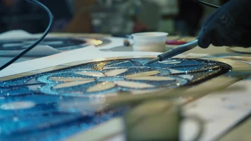 Stained Glass Soldering Close Up in Workshop