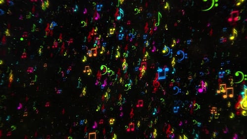 Colorful Flying Neon Musical Notes Loop Background