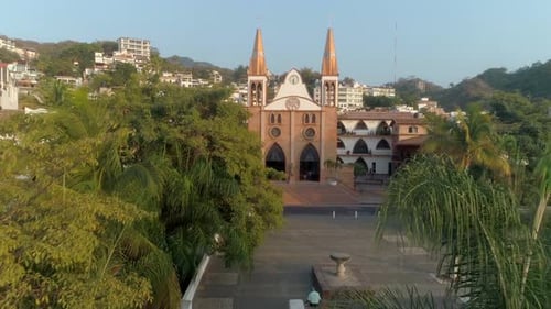 Tropical Church Aerial in a Picturesque Town
