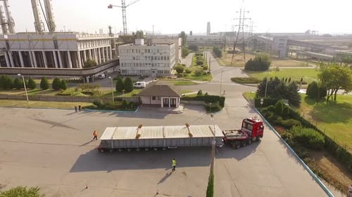 Ukraine May 2016 Aerial View of Oversized Cargo Truck Near Chemical Plant