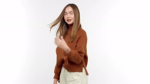 Monochrome Brown Look Caucasian Woman in Studio Portrait with Hair Blowing