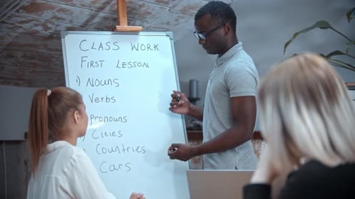 Man Teaches Students English Grammar on Whiteboard
