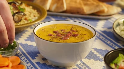 Sprinkling Greenery on Bean Soup on Table Closeup