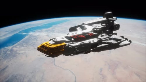 Futuristic Spaceship Flying Above Planet Earth