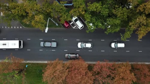 Drone Point of View: Aerial City Traffic, Top Down View of Freeway Busy City Rush Hour Traffic Jam