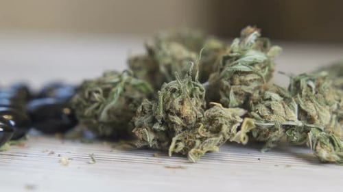 Botões de flores de cannabis secos de perto isolados na mesa branca com azeitonas pretas e conta-gotas de óleo de CBD