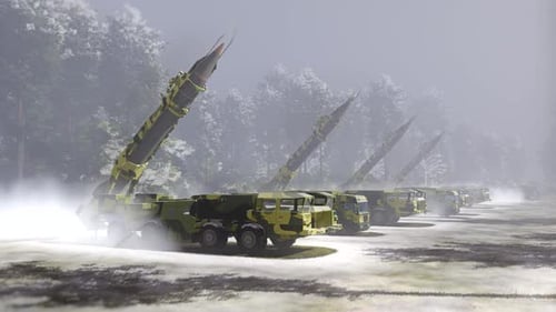 Military Missile Launchers Elevating in Snowy Forest 3D Render
