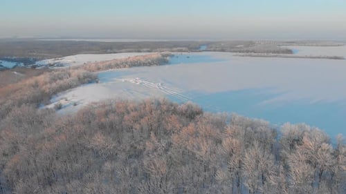 Aerial View Low Flight Over Snowy Spruce Forest in Winter. Aerial Shot Large Pine Forest Covered