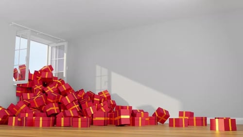 Red Gift Boxes Pouring from a Window into a Room
