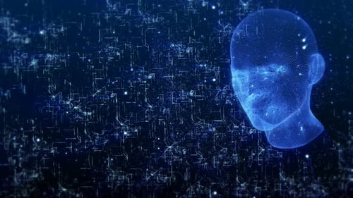 Futuristic Digital Wireframe Head Animation with Network Connections