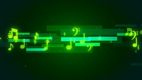 Flowing Neon Green Music Notes and Symbols Background