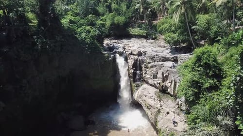 Cascada en la selva verde. Vista aérea de la hermosa cascada en la selva montañosa. Bali, Indon