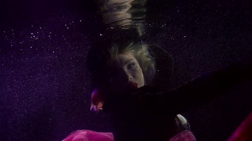 Cabaret Woman with Big Boobs and Red Lips Is Diving in Deep of Sea, Portrait