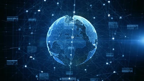 Global Digital Network Connection with Rotating Earth and Data Icons