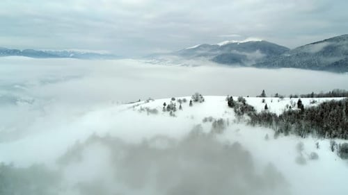Aerial View in Foggy Sunset Winter Mountain
