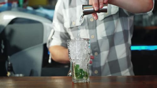 Process of preparing a cocktail. Mojito cocktail with lemon and mint on the bar. Close-up