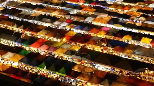 Illuminated Tents of Market at Night. Top View of Colorfull Brightly Illuminated Tents of Ratchada