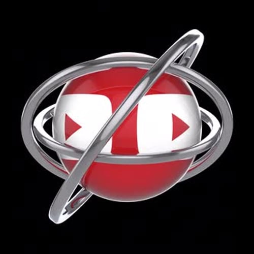 Modern 3D Play Button Orb with Orbiting Chrome Rings