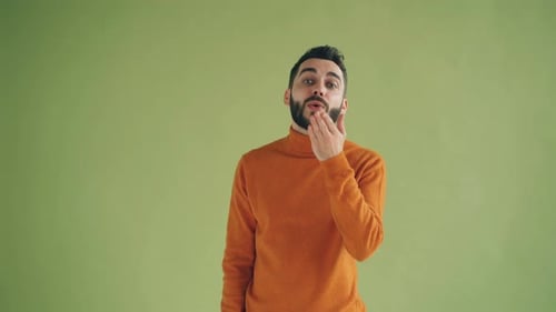 Porträt eines hübschen Hipsters, der Luft küsst und zwinkert und dann lustige Gesichter macht