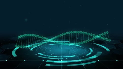 Futuristic DNA Double Helix Rotating on Hexagonal HUD Platform