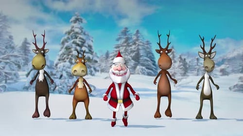 Festive Santa and Reindeer Characters Performing Christmas Dance