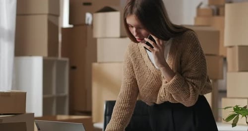 Warehouse Worker Woman Is Talking with Client By Mobile Phone and Placing Order in Laptop Female